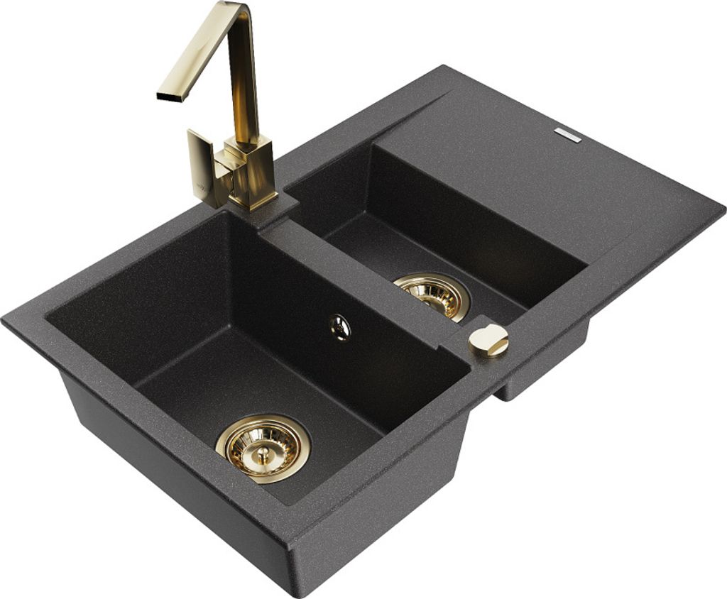 Mexen Gaspar 1,5-Becken-Granitspüle mit Abtropffläche und Mischbatterie Rita, Schwarz gesprenkelt - 6507-76-670300-50