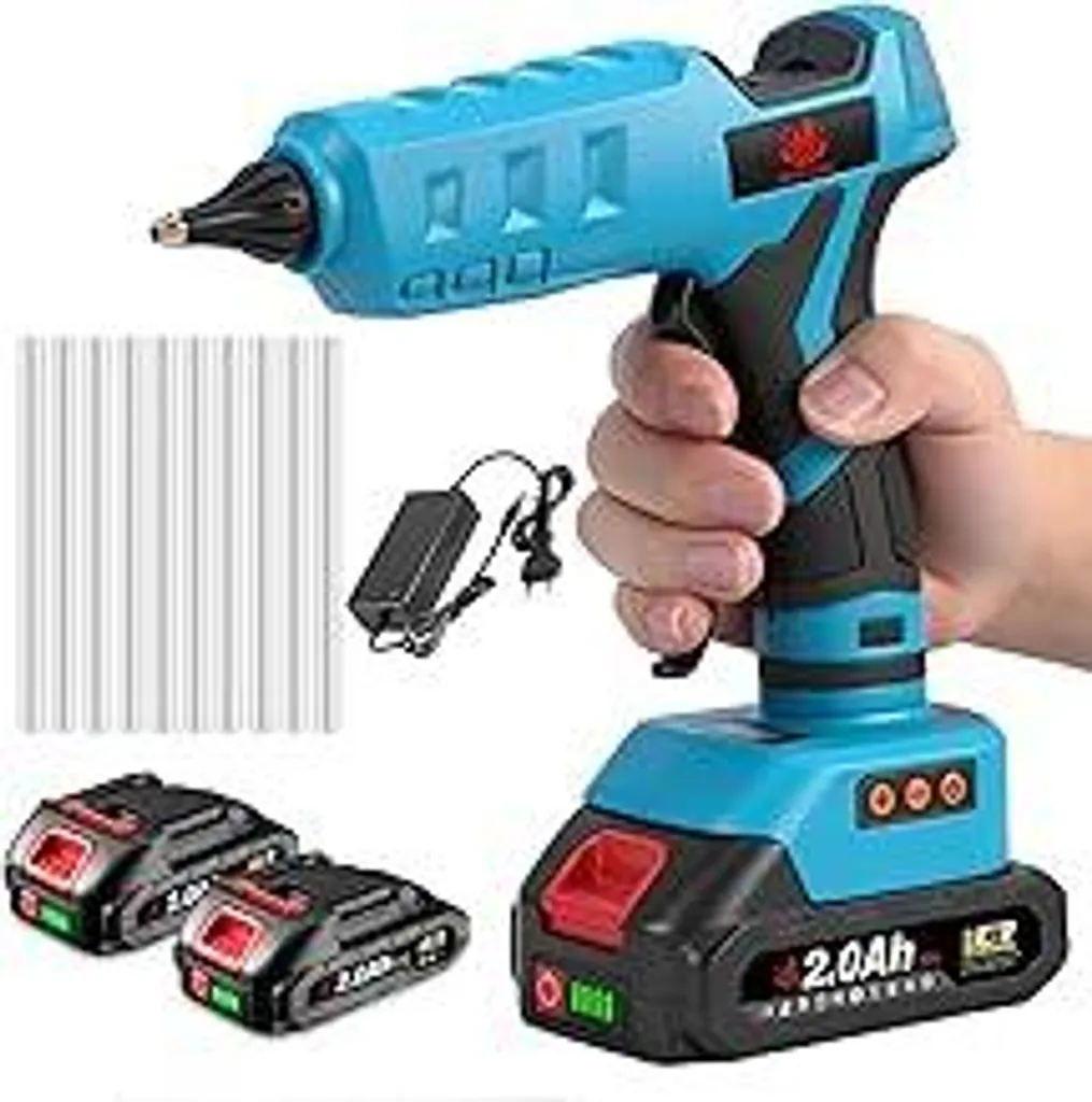 Pistola per colla a caldo a batteria ONEVAN, pistola per colla a caldo 20 V senza fili con 2 batterie da 2,0 Ah, 100-200 °C, riscaldamento rapido 60S, display digitale, pistola per colla a batteria per bricolage incl. 10 stick di colla da 11 mm