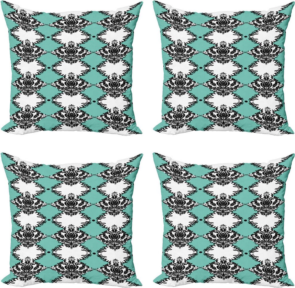 ABAKUHAUS Damast Kissenbezug Set (4 Stück), Vertikal Victorian Floral, Moderner Doppelseitiger Digitaldruck, 45 cm x 45 cm, Koksgraue Seafoam