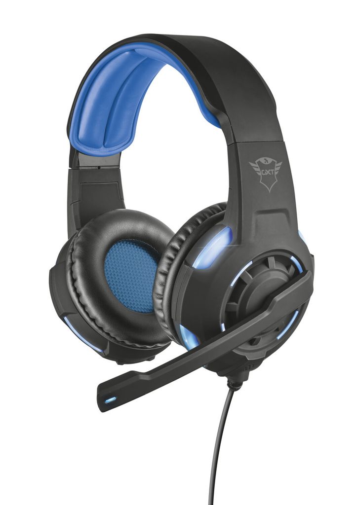A gaming headset with blue accents and a microphone.