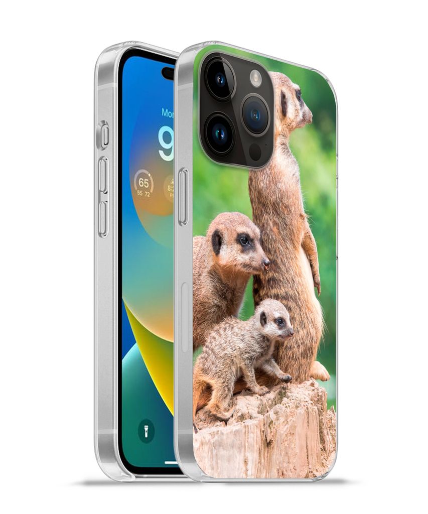 MuchoWow Handyhülle Schutzhülle Hülle für Apple iPhone 14 Pro Max Erdmännchen - Baumstumpf - Jungtier Silikon Softcase Handy Hülle - Hardcover