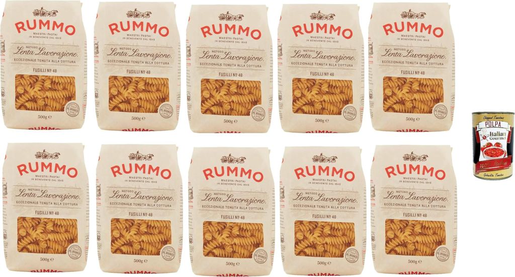 10x Rummo Fusilli N. 48 Hartweizengrieß Pasta Italienische Nudeln 500g Packung + Italian Gourmet Polpa di Pomodoro 400g Dose