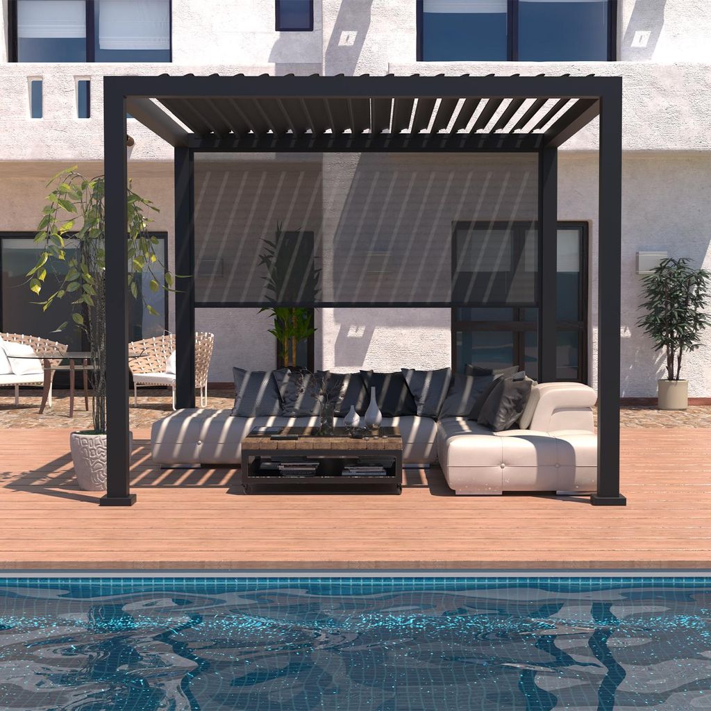 anndora Aluminium Pergola 300 x 300 cm | Lamellenpergola – anthrazit – Lamellendach mit Kurbel + Rollo