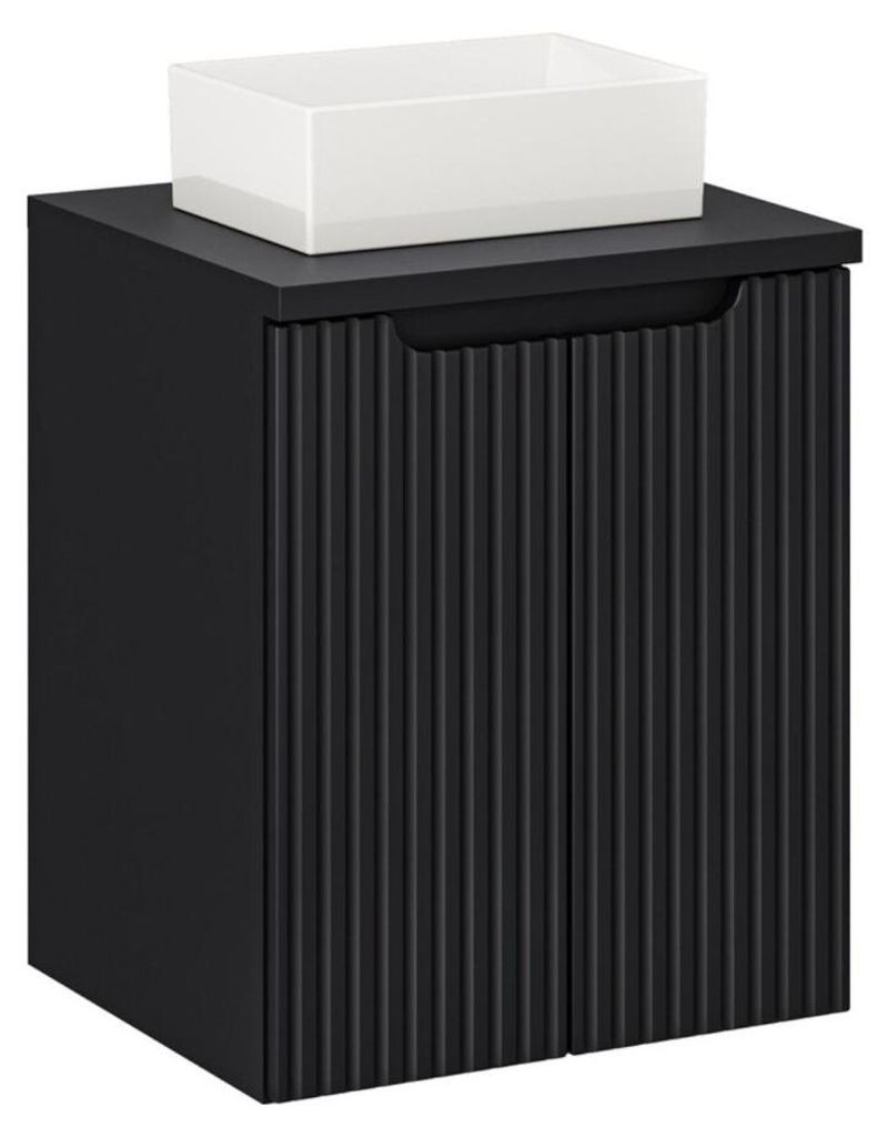 Set VANO 50cm: Unterschrank mit Schränken + Matte schwarze Arbeitsplatte für das Waschbecken + Rechteckiges weißes Aufsatzwaschbecken