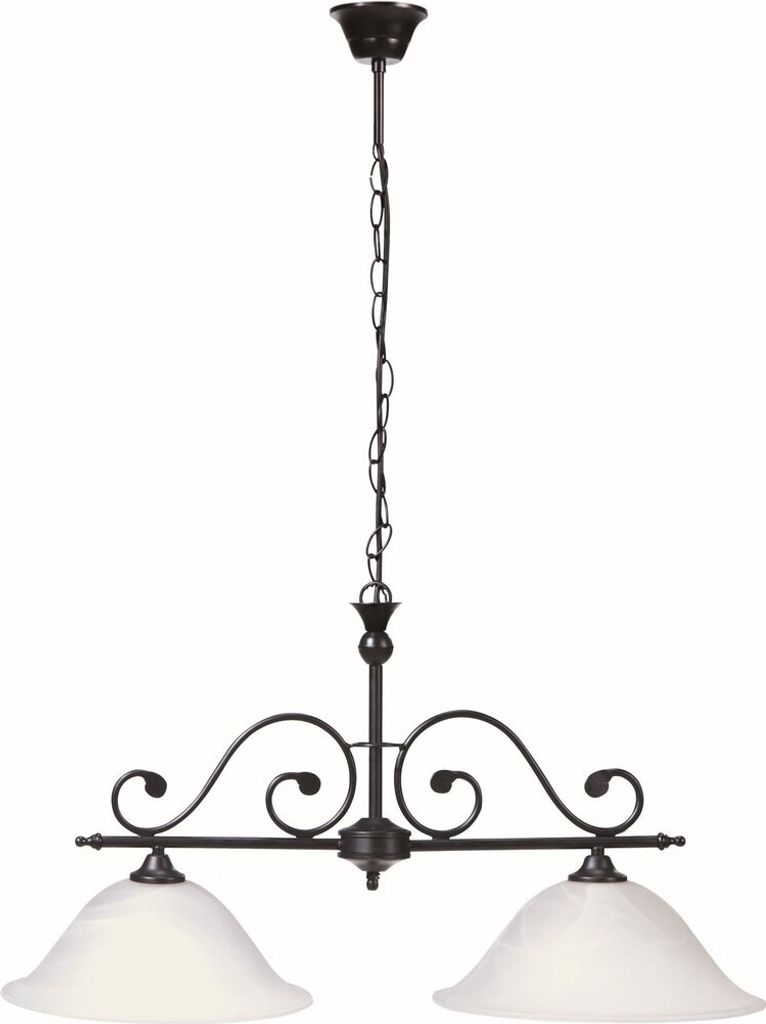 A hanging chandelier with two white glass shades.