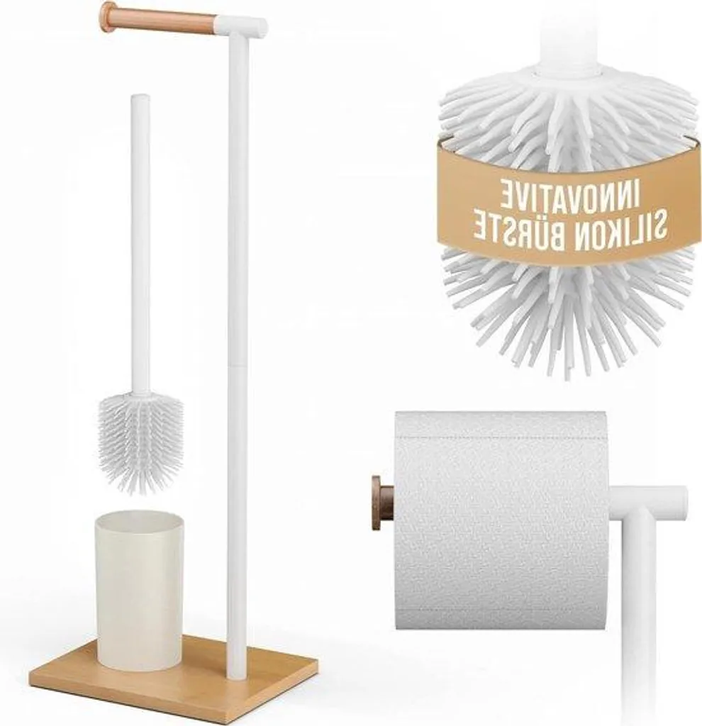 Set serviteur WC complet avec brosse silicone et support papier blanc