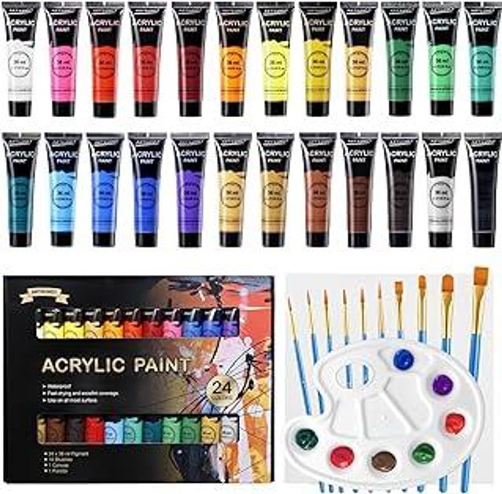 ARTKUNST Acrylfarben Set, 24 x 36 ML Acrylfarbenset mit 10 Pinseln für Leinwand Holz Papier Keramik, Wasserdichte Acrylfarbe mit Lebendiger Farbe ...