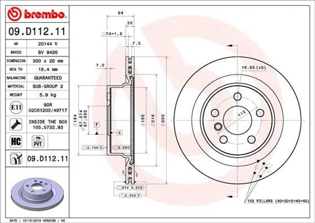 Brembo 09.D112.11 Disque de frein OE 34206877213 pour BMW Série 3 G20