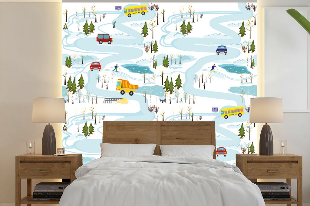 MuchoWow Fototapete für Wohnzimmer oder Schlafzimmer Wandtapete Vinyl Motivtapete Eis - Schnee - Auto - Kinder - 280x280 cm - Hintergrundbild