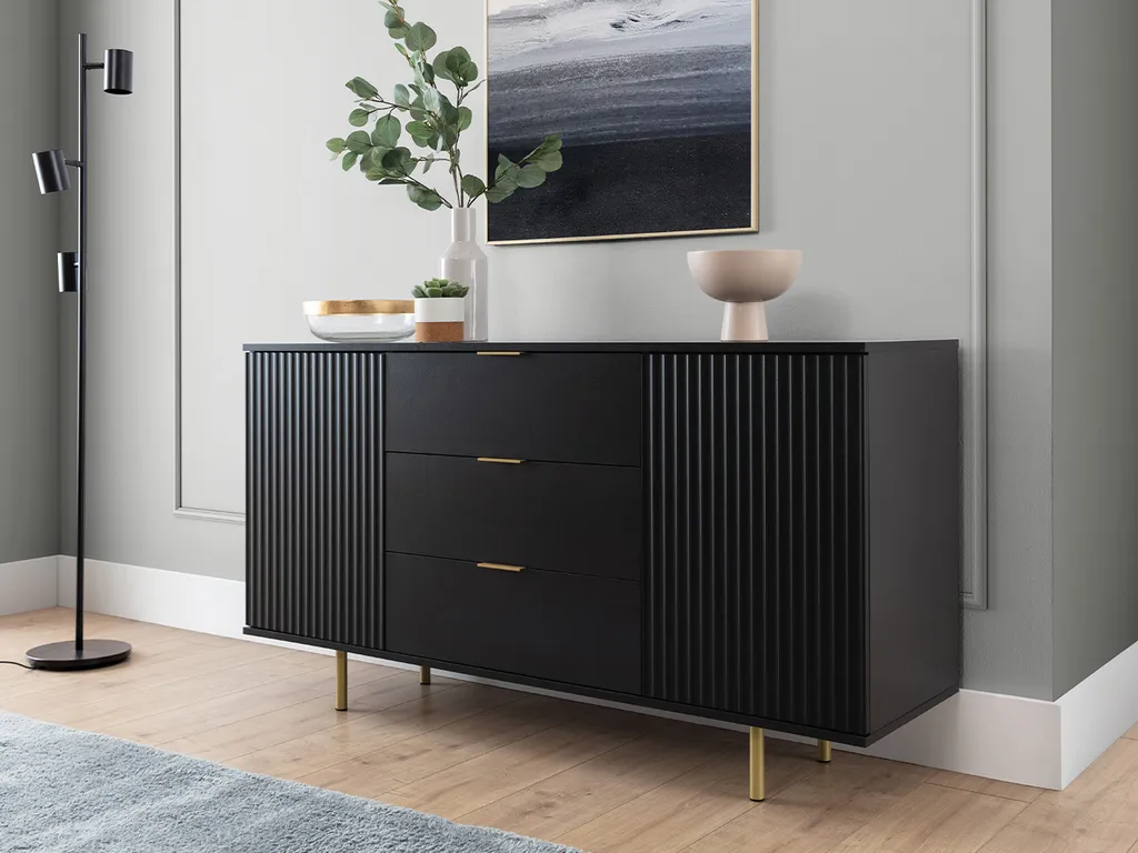 Grande commode salon IREDELL - Buffet combiné élégant or et noir mat