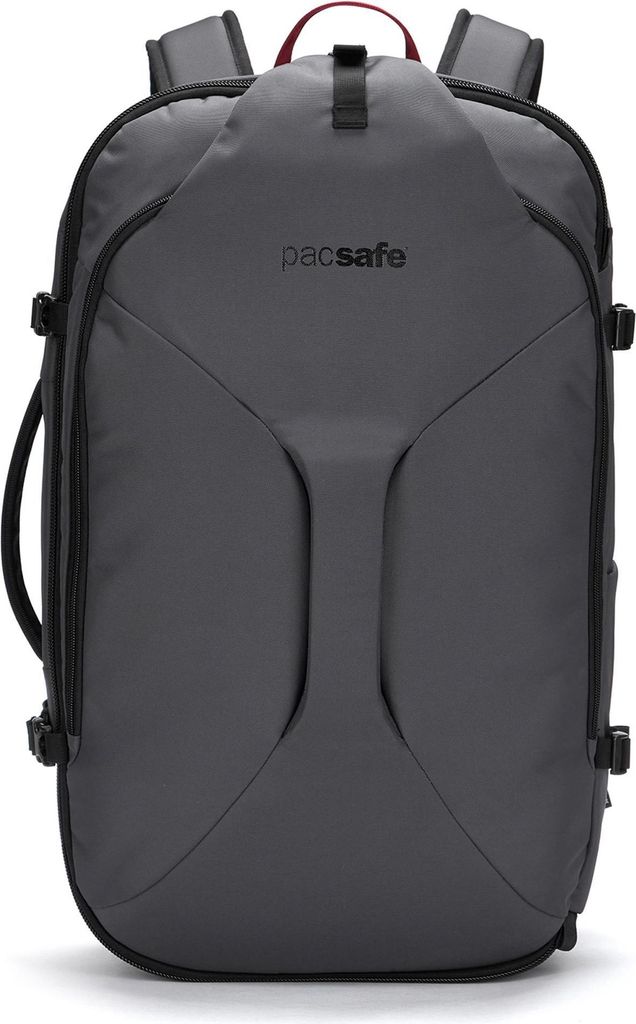 A front view of a gray backpack.