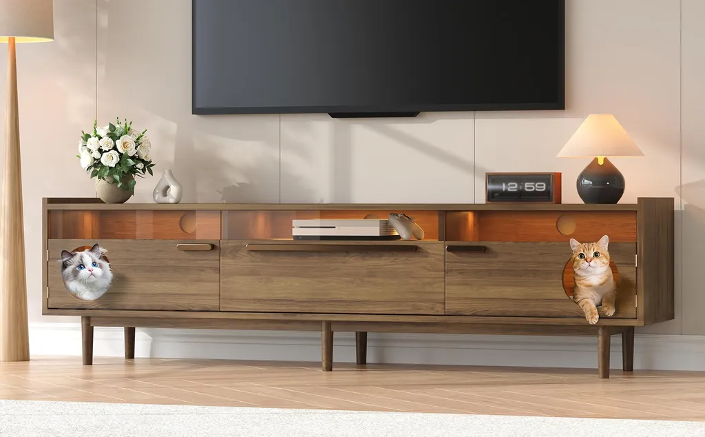 Grand Banc TV Moderne Noyer 180 cm avec LED et Abri pour Chat Intégré