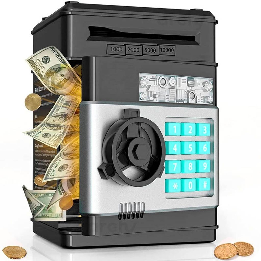 A digital piggy bank with a keypad and a slot for money.