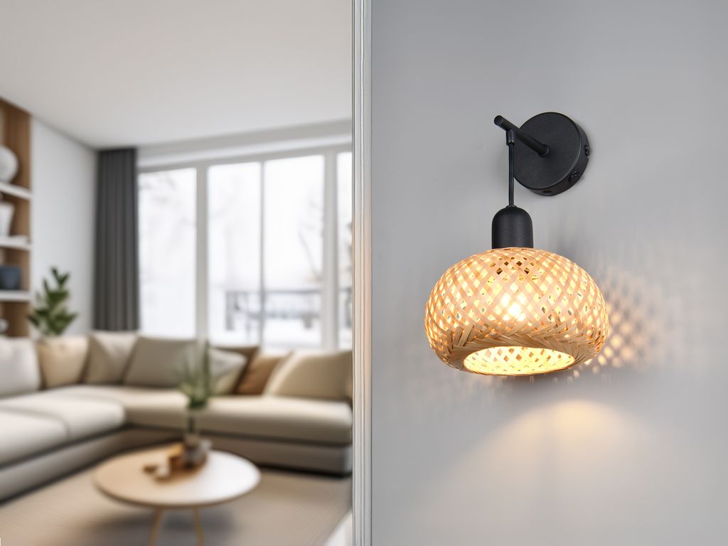 LED Wandlampe mit Schalter Korblampe Lampenschirm geflochten aus Bambus, H: 30cm