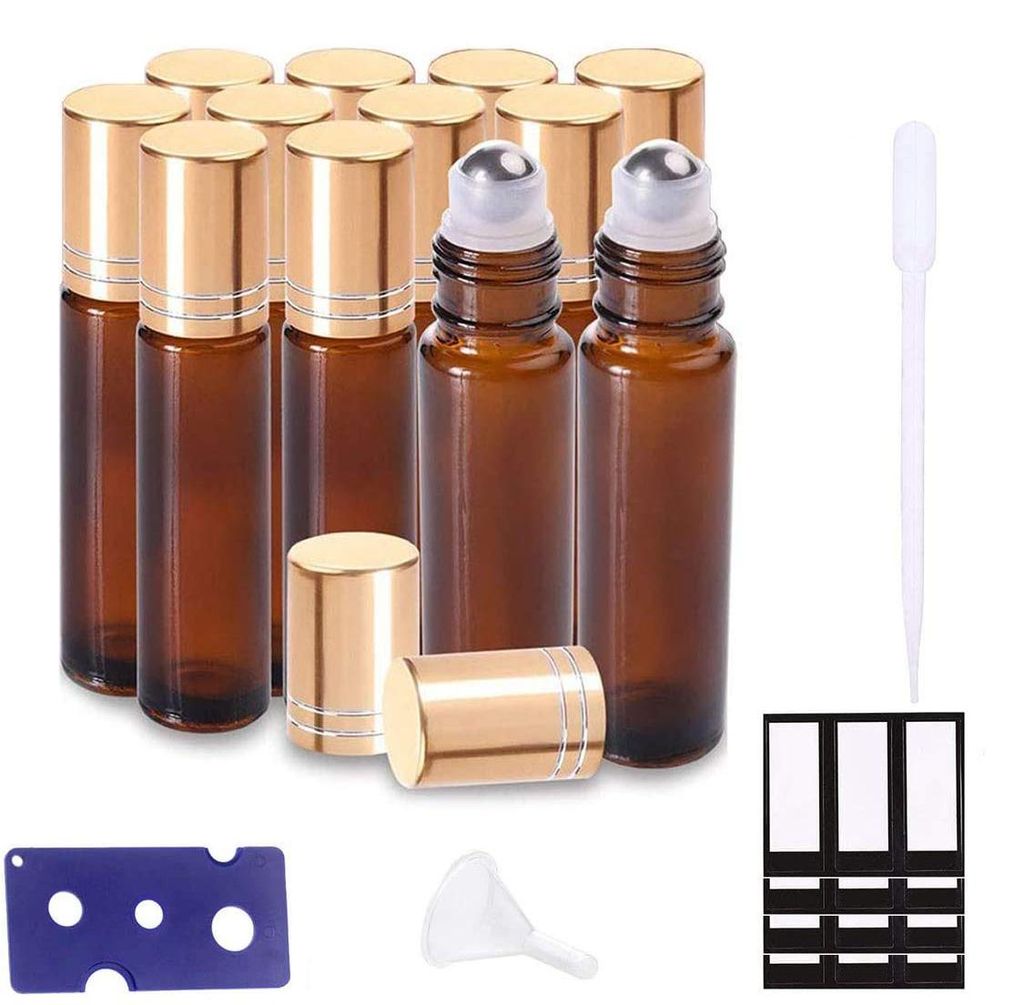 Kugelverschlussflaschen für ätherische Öle, bernsteinfarbene Glasflaschen mit Edelstahlkugellagern, 10 ml, nachfüllbar für aromatische und par...
