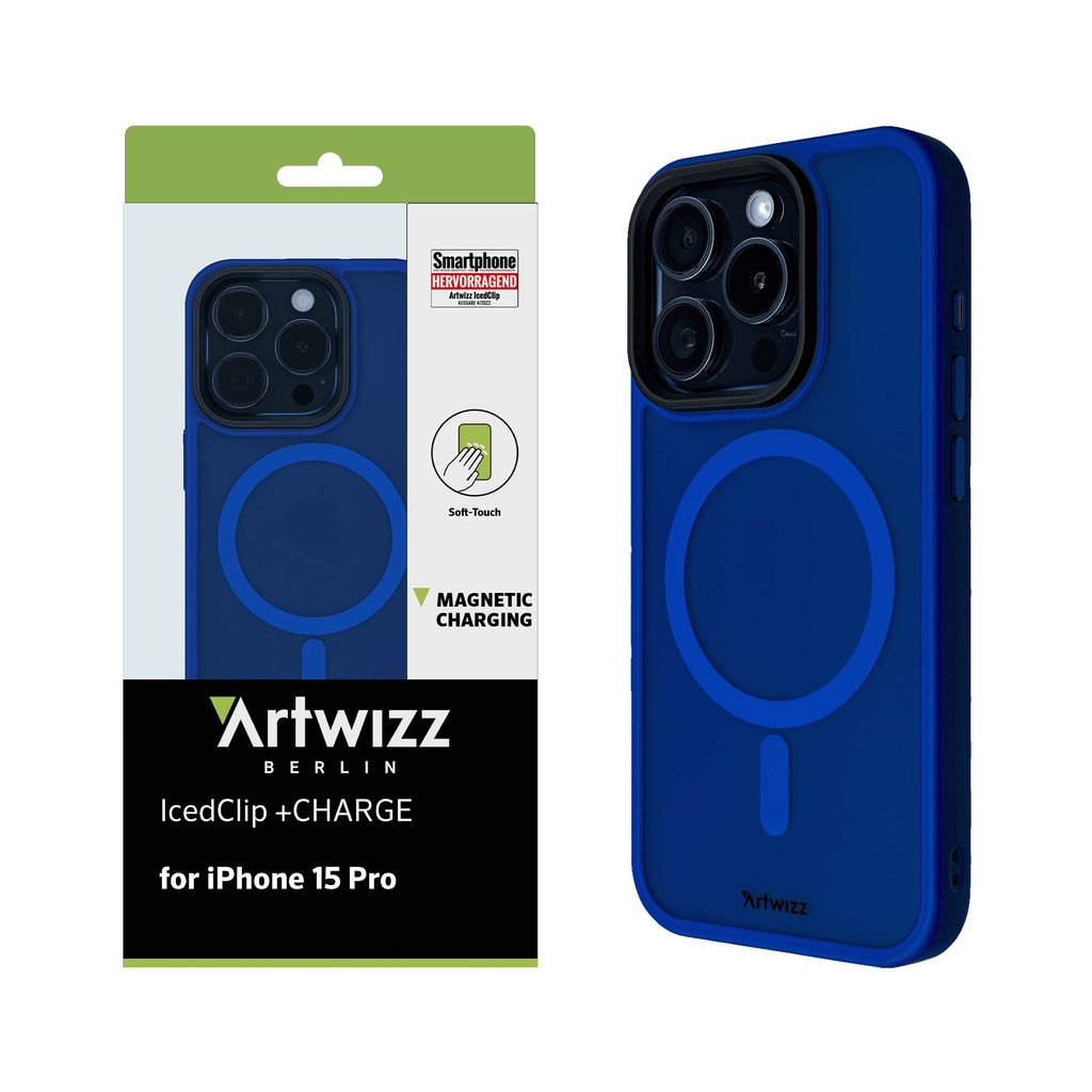 ARTWIZZ IcedClip +CHARGE für iPhone 15 Pro - Stoßfeste Schutzhülle mit Ladefunktion, Transluzentem Design und Soft-Touch-Beschichtung - Blau
