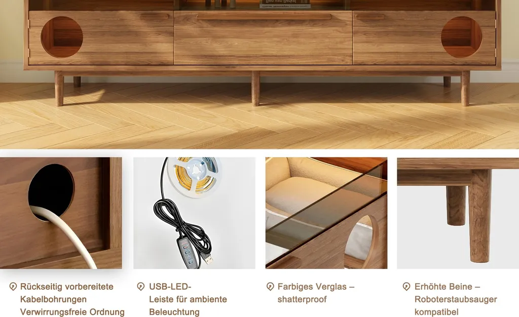 Grand Banc TV Moderne Noyer 180 cm avec LED et Abri pour Chat Intégré