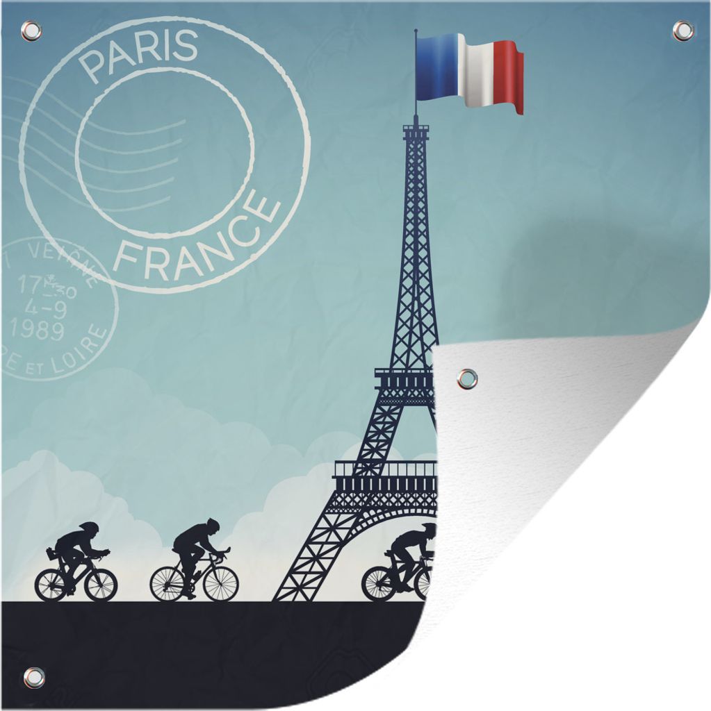 MuchoWow 50x50 cm Outdoor-Poster Gartendeko Sichtschutz Garten Poster für den Garten Eine Illustration von Radfahrern, die am Eiffelturm vorbei...