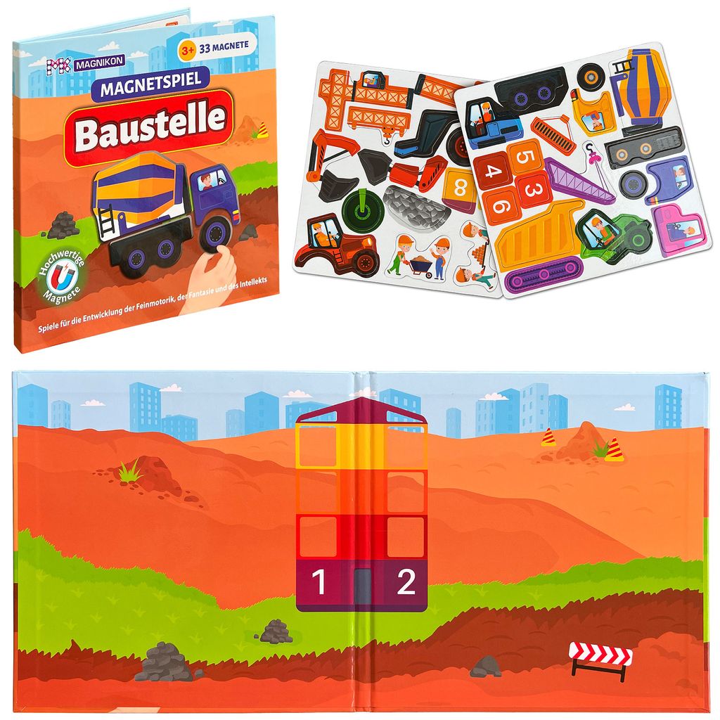 A collage of a magnetic building site game, including the box, magnetic pieces, and an open game board.