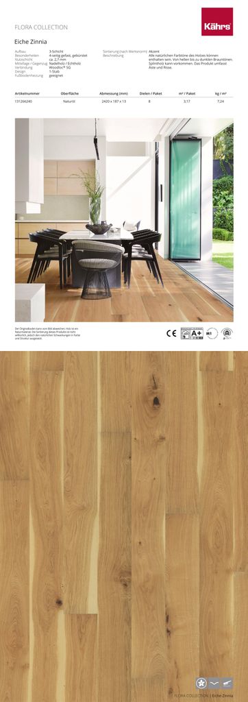 KÄHRS | 3,17 m² | Eiche Zinnia Öl Landhausdiele Parkett, Massivholzboden, Stabparkett, Parkettboden, Naturbelassen, Langlebig, Einfach zu Verlegen