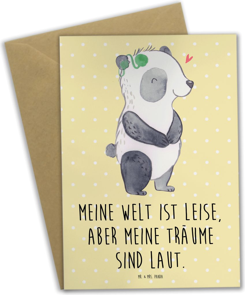Mr. & Mrs. Panda Grußkarte Panda Gehörlos - Gelb Pastell - Geschenk, einladungskarten, hochzeitskarten, weihnachtskarten, Ertaubt, osterkarten, C...