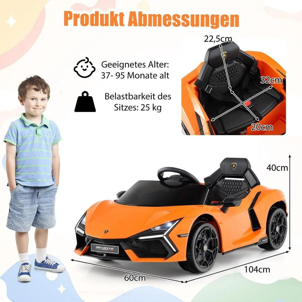 Voiture enfant 12V avec éclairage LED haute intensité et MP3 - Orange