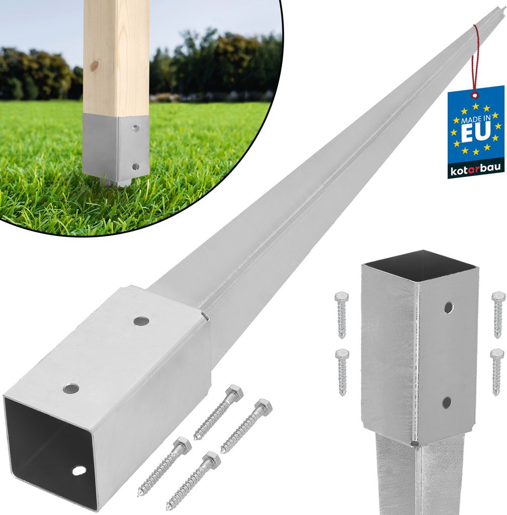 A product shot of a metal ground spike for a wooden post, with a close-up inset showing the spike attached to a post in grass.