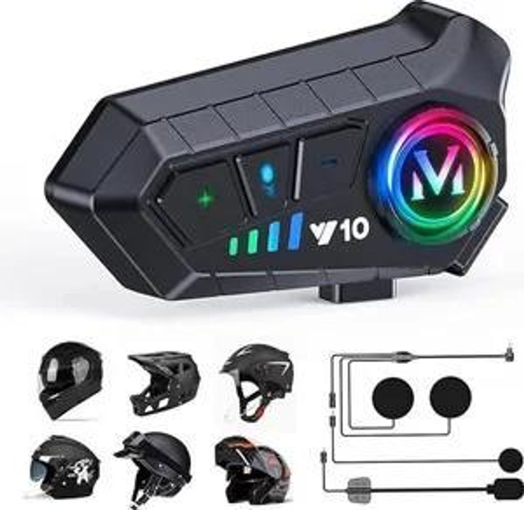 Motorradhelm Bluetooth Headset Y10,Kabelloses Headset mit DSP&CVC Rauschunterdrückung,HiFi-Sound,1000 mAh Akku,ideal für Motorrad, Ski &Radfahren