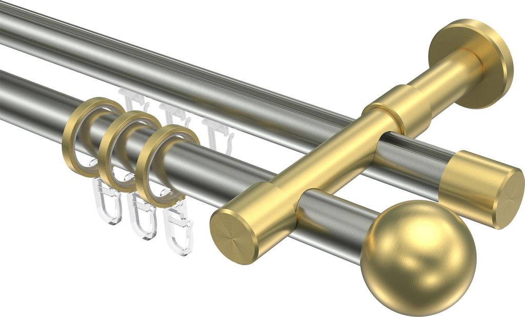 Interdeco Rundrohr-Innenlaufstange / Gardinenstange (Kombination) Edelstahl-Optik / Messing-Optik, Typ Prestige Luino (Kugel), 20 mm Ø 2-läufig, ...