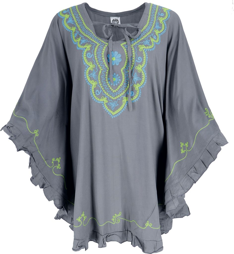 Bestickter Hippie Poncho, Tunika, Kaftan, Strandkleid, Maxi Größe - Grau, Damen, Viskose, Blusen & Tunikas