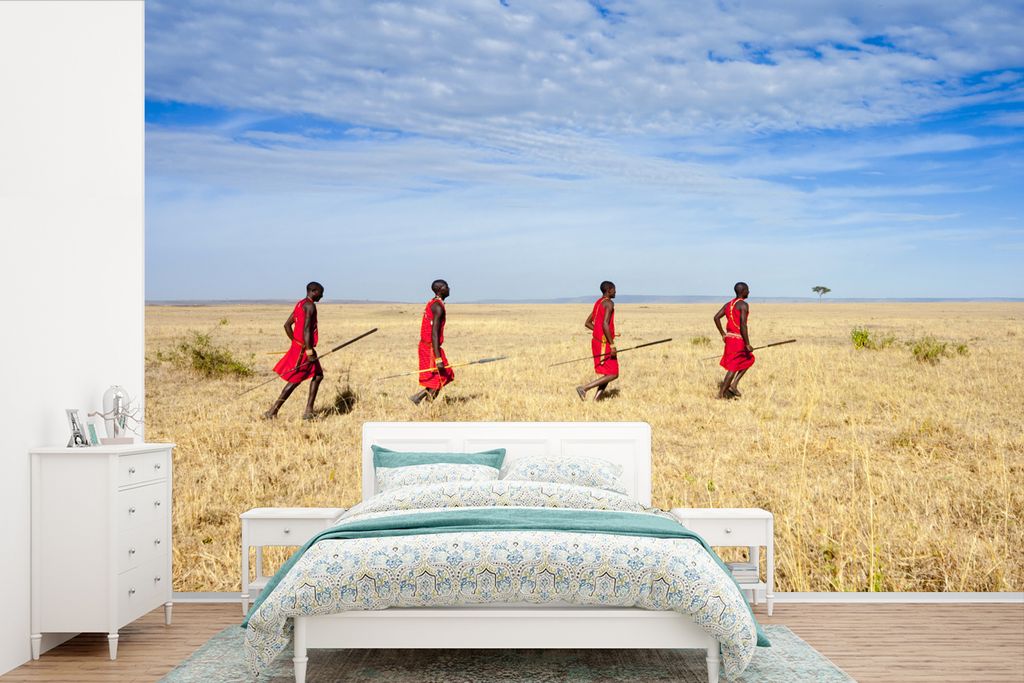 MuchoWow Fototapete für Wohnzimmer oder Schlafzimmer Wandtapete Vinyl Motivtapete Kenianer in der Savanne in der Nähe des Masai Mara-Gebietes i...