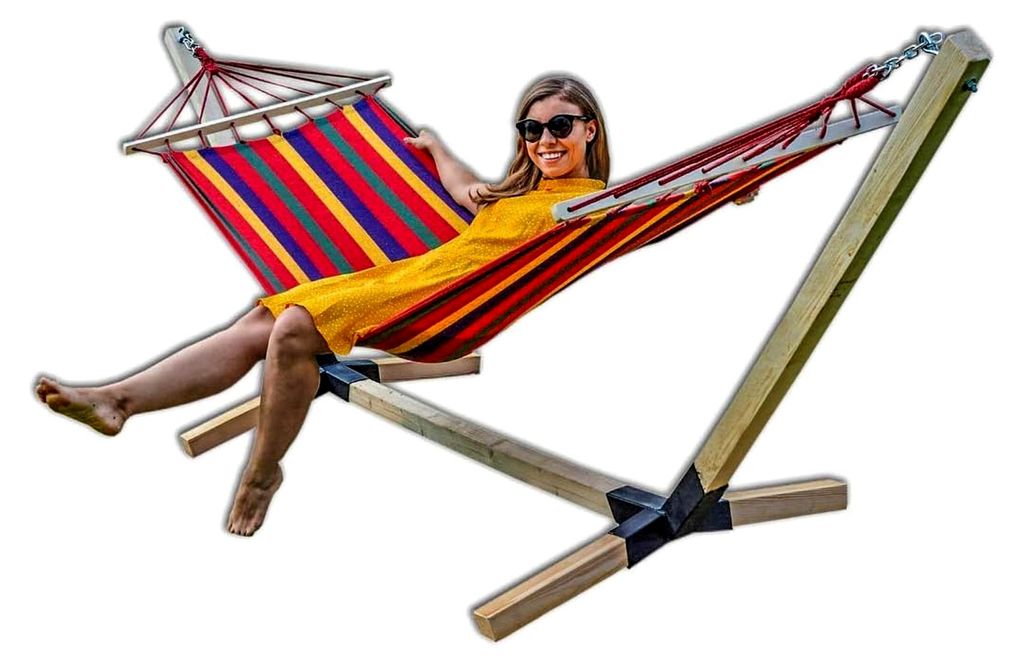 Hängematte mit Buchenholzgestell 320 cm | Bis zu 150 kg | Wetterfestes Holzgestell für Outdoor-Hängematten (Rot)