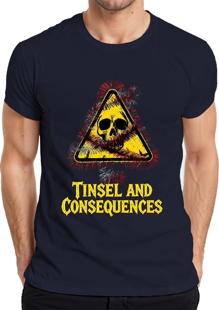 Tinsel and Consequences Totenkopf Lametta Warnschild Weihnachten Herren T-Shirt, Navy, 3XL