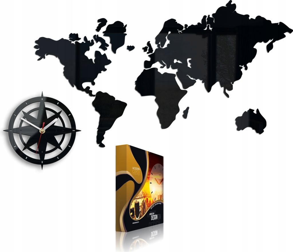 ModernClock, Weltkarte Uhr, wanduhr schwarz groß, World Map 77cm x 45cm, Wanduhr DIY, Quarzuhr