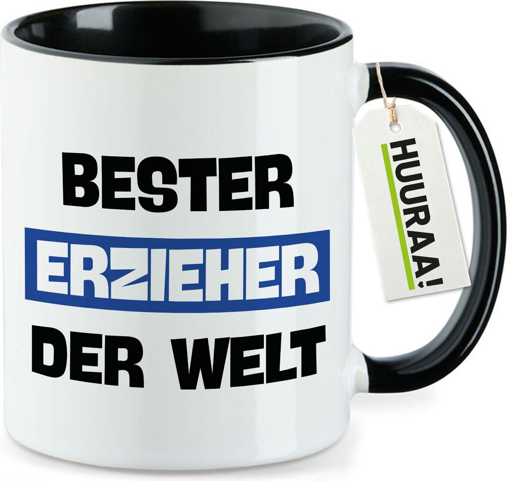 Huuraa Kaffeetasse Bester Erzieher der Welt 330ml Schwarz Keramik Kaffeebecher Geschenkidee