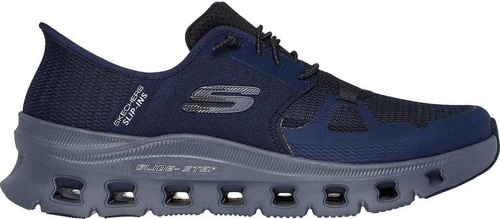 A side view of a blue Skechers shoe on a white background.