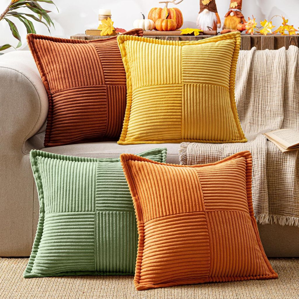 Set mit 4 Kissenbezügen aus Cord, weiche Dekokissen, moderner Stil, Sofakissen, Zierkissen, Sitzkissen für Wohn- und Schlafzimmer, orange-grüne ...