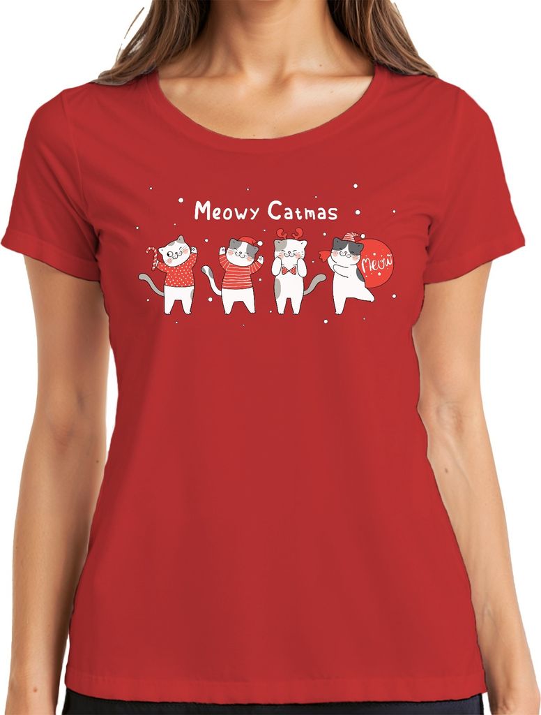 Meowy Catmas Katzen Kätzchen - Weihnachten Weihnachtsgeschenk Christmas Damen T-Shirt, Rot, M