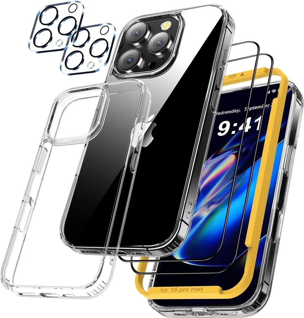 Set Protezione iPhone 16 Pro Max QHOHQ 5 in 1 Armatura Trasparente