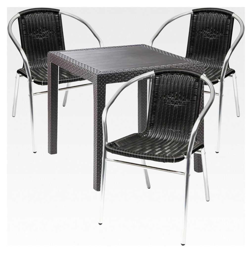 Gartengarnitur - 4-teilig - Gartentisch Kunststoff 79x79cm H72cm - 3 Stapelstühle - Kunststoff - Aluminium - Bistro Set - Esstisch - Stapelstuhl