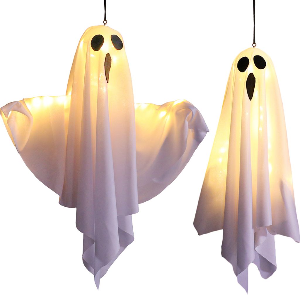 2er Set Halloween Deko Outdoor, 50cm Hängende Geister Windsack Mit Lichterketten, LED Scream Fliegende Geist Halloween Patio Rasen Garten Party Na...