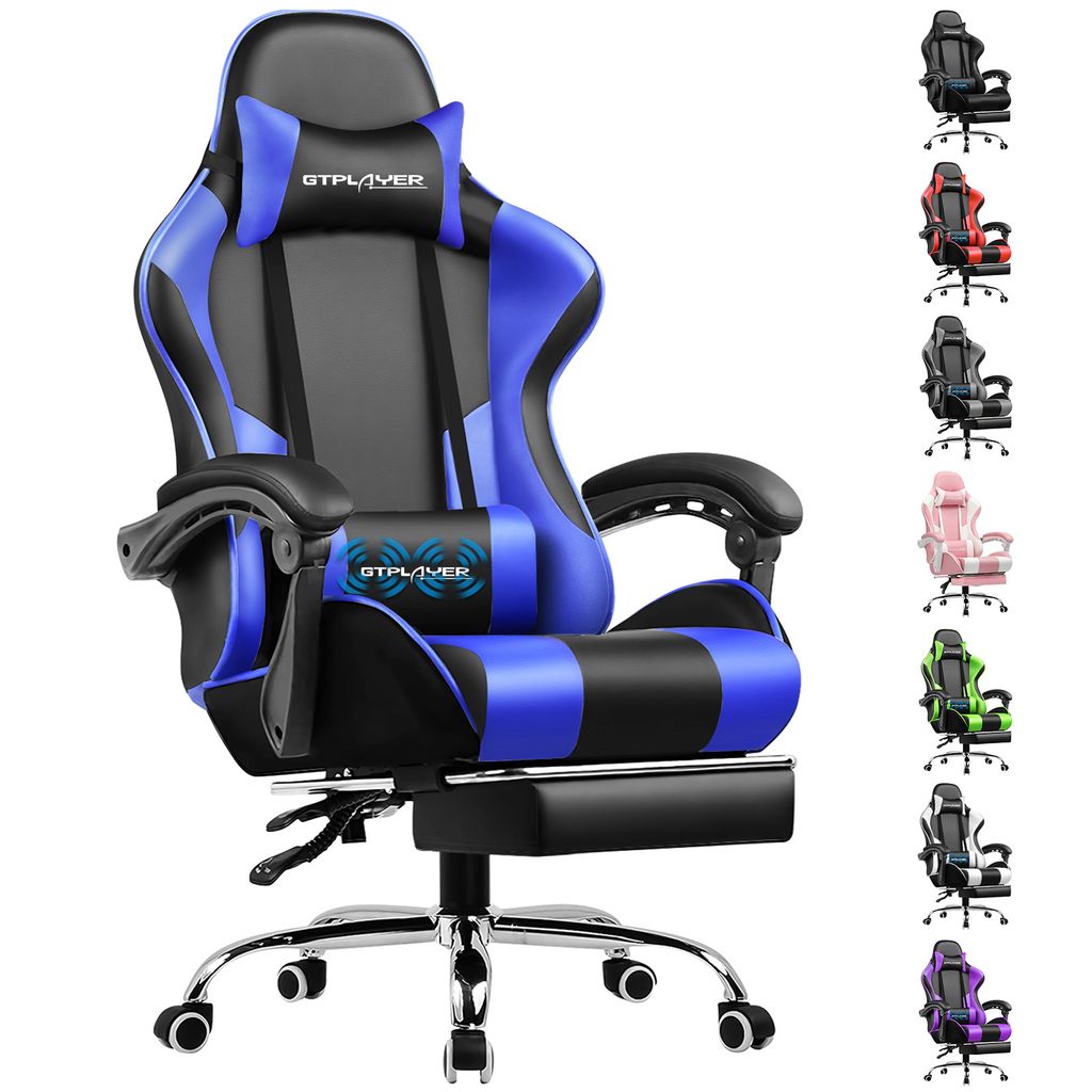 A blue and black gaming chair with a footrest and lumbar pillow is displayed against a white background. A row of other gaming chairs in different colors is shown on the right side of the image.