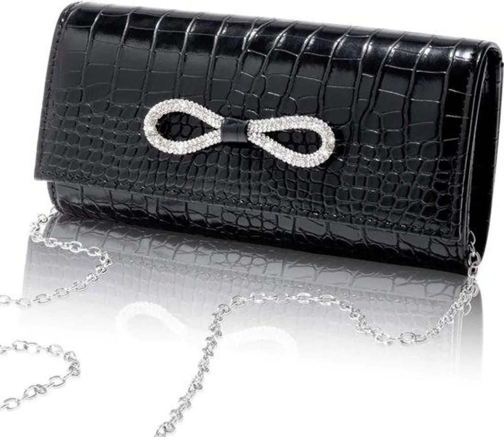 Pochette de soirée en cuir noir motif crocodile avec strass, 22x11x5 cm