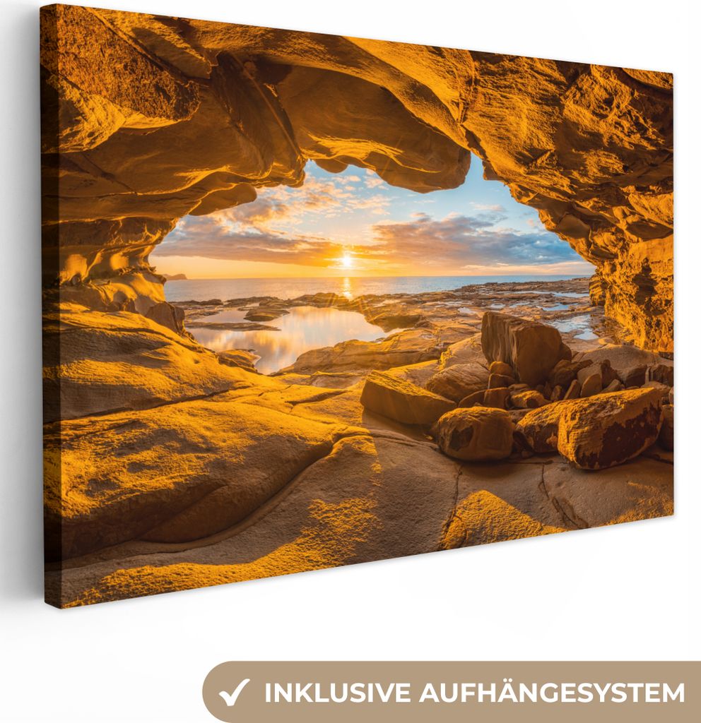 MuchoWow - Leinwandbilder - Höhle - Meer - Horizont - Sonnenuntergang, Wandbild, Wanddeko Bilder Wohnzimmer, 60x40 cm