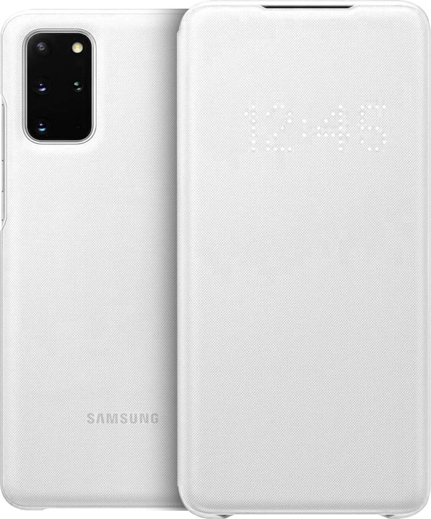 A white Samsung phone with a flip case is shown.