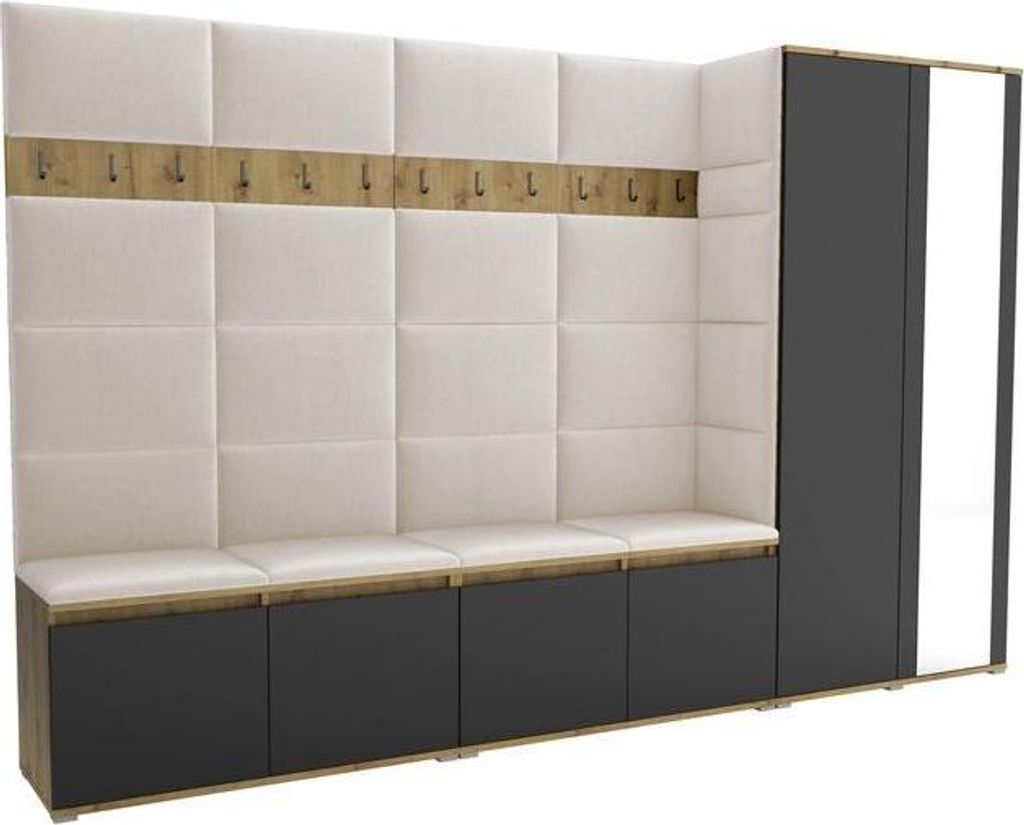 Garderoben-Set Noris V mit Spiegel, gepolsterte Garderobe 290 cm, Flurmöbel mit Wandpaneelen, 12 Haken und Schrank (Farbe: Artisan Eiche/Schwarz +...
