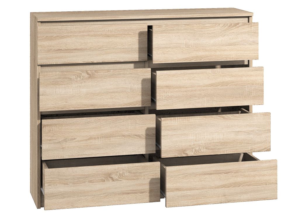A chest of drawers with eight drawers, some of which are open.