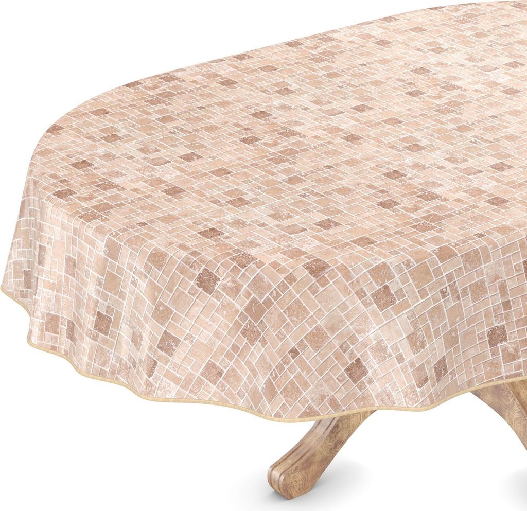 Tischdecke Wachstuch Gestreift Beige Robust Wasserabweisend Oval Breite 140 cm Länge 240 cm