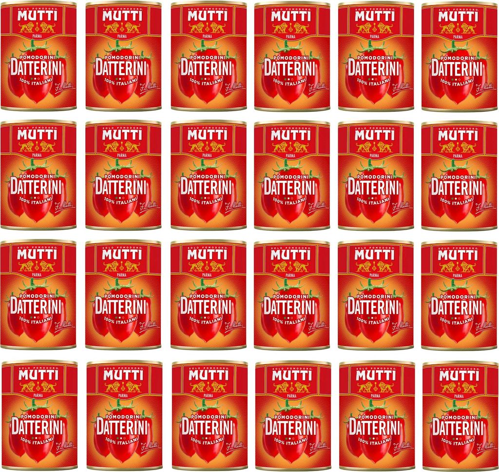 24x Mutti Pomodorini Datterini Kirschtomaten Datterini süßer Geschmack längliche Form italienisches Sauce Tomaten 400g Dose