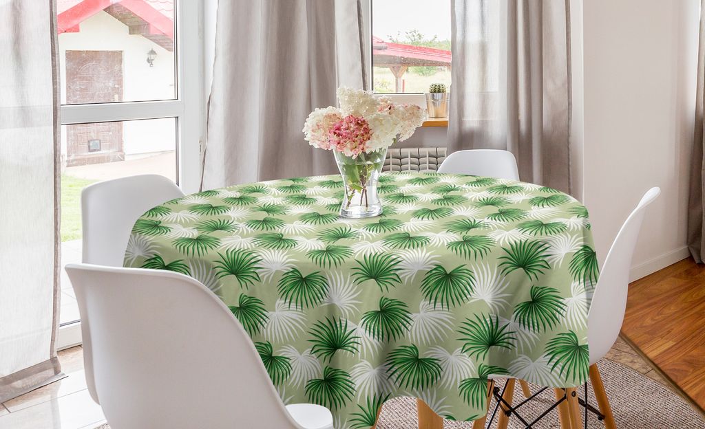 ABAKUHAUS Blatt Runde Tischdecke, Palm Tree Island Foliage, Kreis Tischdecke Abdeckung für Esszimmer Küche Dekoration, 150 cm, Grün Hellgrün Weiß